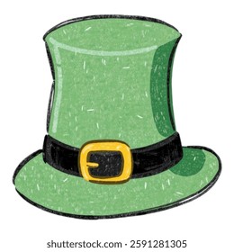 Illustration of Leprechaun Hat with Buckle Isolated on White Background. Green Top Hat, Irish Festival Hat Design