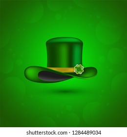 Illustration of leprechaun hat on glossy green background. St. Patricks Day greeting card design.