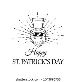 Illustration of Leprechaun in hat and sunglasses in beams. Happy Patrick s day lettering. Greeting card. Vector file.