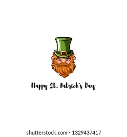 Illustration of Leprechaun in hat and sunglasses in beams. Happy Patrick s day lettering. Greeting card. Vector file.