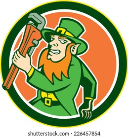 Illustration of a leprechaun holding monkey wrench running facing side set inside circle on isolated background done in retro style. 
