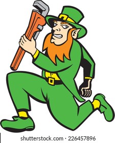 Illustration of a leprechaun holding monkey wrench running facing side set on isolated white background done in retro style. 