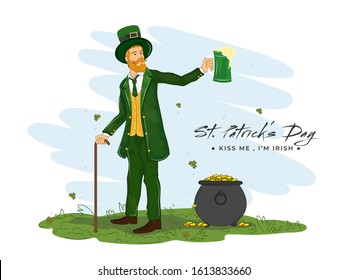 Illustration of Leprechaun Man Celebrating with Beer Mug and Coins Pot on the Occasion of St Patrick's Day.