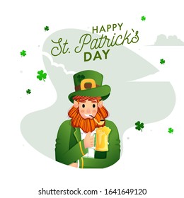 Illustration of Leprechaun Man Celebrating with Drink, Smoking Pipe and Shamrock Leaves Decorated on Abstract Background for Happy St. Patrick's Day.