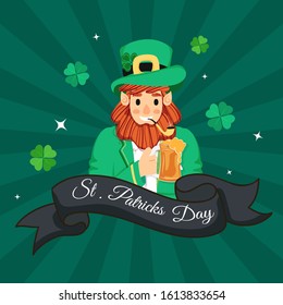 Illustration of Leprechaun Man holding Beer Mug with Smoking Pipe and Shamrock Leaves on Green Rays Background for St. Patrick's Day.