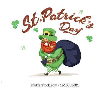 Illustration of Leprechaun Man Lifting A Heavy Sack with Smoking Pipe and Shamrock Leaves on White Background for St. Patrick's Day Celebration.