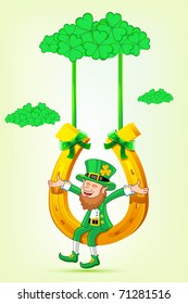 illustration of Leprechaun sitting on horse shoe swing tied with clover leaf cloud of saint patrick's day