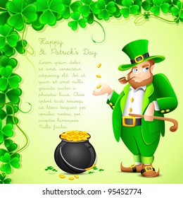 illustration of Leprechaun with smoking pipe and gold coin pot of saint patrick's day