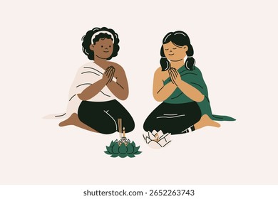 Illustration of Lesbian Couple in Traditional Dress for Loy Krathong Festival