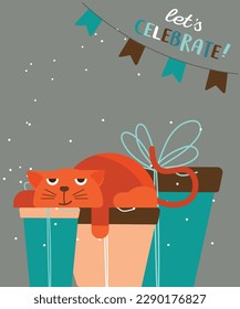 Illustration Let's Celebrate Lazy Cat with Presents and Decoration
