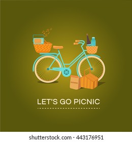 Illustration Let's Go To Picnic. Vector Banner With A Bike. BBQ On The Weekends. Picnic Outdoors. Rest On The Nature. Set Of Elements: Bicycle, Basket, Recorder, Wine And Other.