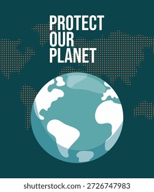Ilustración "Vamos a proteger nuestro planeta" con globo terráqueo, mapa del mundo en estilo de collage de medio tono, concepto ambiental. Vector
