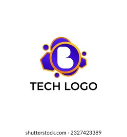 ILLUSTRATION LETTER B WITH GRADIENT ORANGE BLUE COLOR CIRCLE HEXAGON. TECH LOGO ICON TEMPLATE DESIGN VECTOR