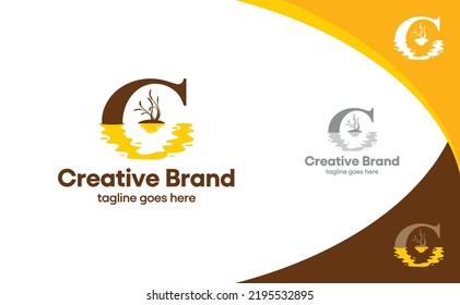 Illustration of letter C graphic logo with sinking plant. Various vector stock, in white, yellow and dark background.
