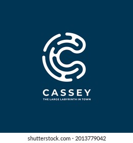 
Illustration letter C in labyrinth style logo template on blue background