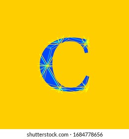 illustration of letter C with sparkles effect and bright lines in vivid colors for party, digital editable vector