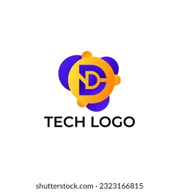 ILLUSTRATION LETTER D WITH GRADIENT ORANGE PURPLE COLOR CIRCLE DOT TECH LOGO ICON TEMPLATE DESIGN VECTOR