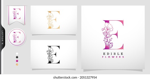Illustration of Letter E Logotype Edible Flower symbolic with purple gradient colors isolated black and white backgrounds, applicable for product, and logo for corporate brands design.
