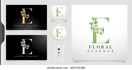 Illustration von Letter E Logotype Floral Essence oder Kräuteressenz symbolisch mit schwarz-weißem Hintergrund, anwendbar für Salon- und Spa-Produkte, Schönheitspflege und Logo für Firmenmarken