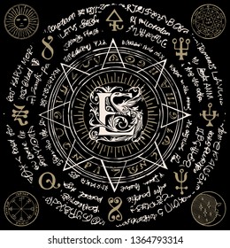 Illustration of the letter E in an octagonal star with magical inscriptions and symbols in retro style. Vector banner, mascot with old manuscript written in a circle on the black background.