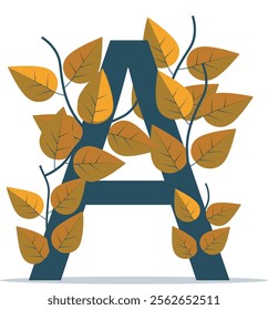 Illustration of the letter A entwined with autumn leaves and branches.