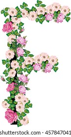 illustration with letter F from rose and brier flowers isolated on white background