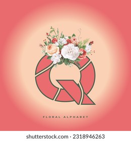 illustration, letter, flower, nature, art, floral, wedding, design, alphabet, card, plant, decoration, white, beautiful, beauty, pink, love, font, rose, vintage, background, leaf, graphic, vector, Q