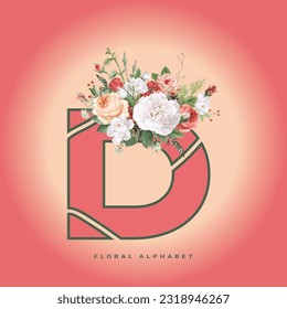 illustration, letter, flower, nature, art, floral, wedding, design, alphabet, card, plant, decoration, white, beautiful, beauty, pink, love, font, rose, vintage, background, leaf, graphic, vector, D