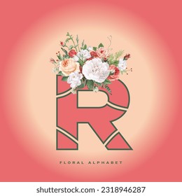 illustration, letter, flower, nature, art, floral, wedding, design, alphabet, card, plant, decoration, white, beautiful, beauty, pink, love, font, rose, vintage, background, leaf, graphic, vector, R