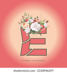 illustration, letter, flower, nature, art, floral, wedding, design, alphabet, card, plant, decoration, white, beautiful, beauty, pink, love, font, rose, vintage, background, leaf, graphic, vector, E