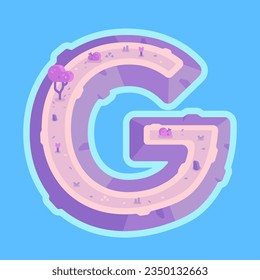 Illustration of the letter G in the form of an island. Illustration of letter G in the form of an island with sakura. Alphabet for children, children's imagery. 