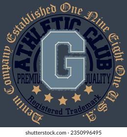 Illustration Letter G Patchwork Embroidered design College Style. Text, Denim Company established Athletic Club Since 1965.