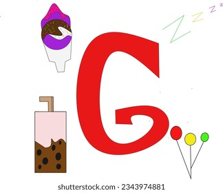 Illustration of letter G in red with a boba drink, ice cream, and balloons in yellow and red