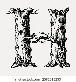 Illustration of the letter 'H' designed as tree trunks. The letter 'H' appears rustic, with bark texture and branches. Artistic letter 'H' in a natural style. Vintage illustration vector.