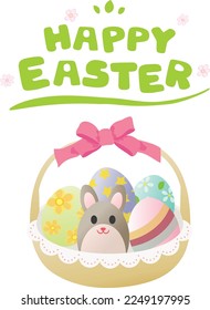 Illustration letter of "Happy Easter", rabbit and eggs in the basket.