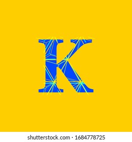 illustration of letter K with sparkles effect and bright lines in vivid colors for party, digital editable vector