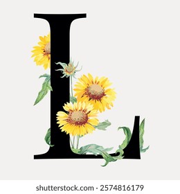 Illustration of the letter 'L' adorned with vibrant sunflowers. Sunflowers add a natural, floral touch to the 'L'. Perfect for nature-themed designs. Vintage art drawing, isolated vector element.