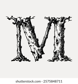 Illustration of the letter 'M' formed by tree branches. Rustic, natural design with detailed bark texture. Tree branches create a unique letter 'M'. Vintage illustration isolated on white, vector.