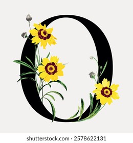 Illustration of the letter 'O' adorned with yellow flowers and green leaves. Floral letter design with vibrant yellow flowers. Decorative floral typography. Vintage floral font vector.