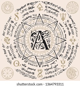 Illustration of the letter A in an octagonal star with magical inscriptions and symbols in retro style. Vector banner, mascot with old manuscript written in a circle on the beige background.