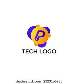 ILLUSTRATION LETTER P WITH GRADIENT ORANGE PURPLE COLOR CIRCLE DOT TECH LOGO ICON TEMPLATE DESIGN VECTOR