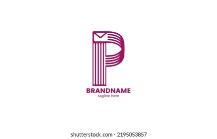 Illustration of the letter p with the mail sign icon. Illustration P letter with purple color. P Letter Logo Template vector icon design. Initial P logo.