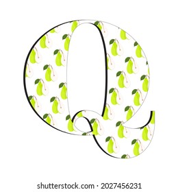An illustration of the letter Q with a fresh pear motif, perfect for children's books and magazines, suitable for children's toy designs as well as for other business purposes.