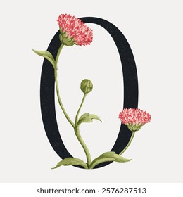 Illustration of the letter 'Q' with pink flowers and green leaves. Floral design with flowers and leaves. Elegant letter 'Q' with botanical elements. Isolated vintage art illustration vector element.