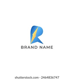 ILUSTRACIÓN LETRA R CON RAYO FLASH DEGRADADO DE POTENCIA AZUL NARANJA COLOR SIMPLE LOGOTIPO ICONO DISEÑO DE PLANTILLA VECTOR