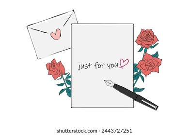 Illustration of a letter with red roses and "just for you" written on it.