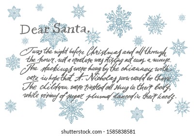 Illustration of a letter from Santa Claus on background with snowflakes template. Xmas postcard. Vintage illustration.