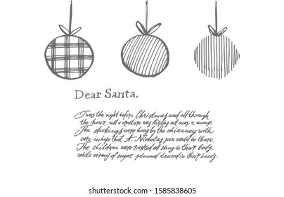 Illustration of a letter from Santa Claus. Xmas postcard. Greeting card invitation with xmas balls. Vintage illustration.