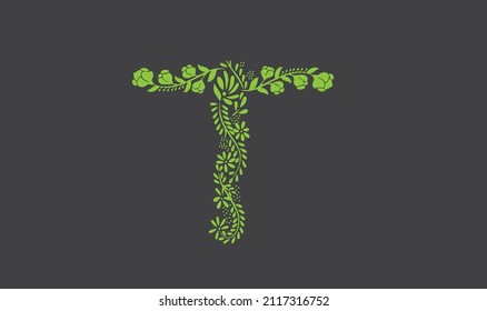 Illustration of the letter T decorated with flowers. Letter T Logo Lettermark Monogram - Typeface Type Emblem Character. T letter logo template Illustration Design. Vector EPS 10.