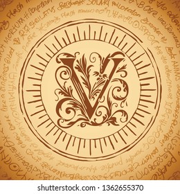 Illustration of the letter V with magical inscriptions in retro style. Vector banner, mascot on an abstract background with ancient inscriptions written in a circle.